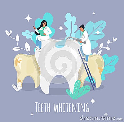 Tiny female doctor dentist whitening big tooth, flat vector illustration. Teeth whitening procedure. Dental health. Vector Illustration