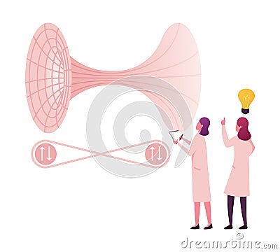 Tiny Female Scientists Characters Solve Fundamental Quantum Mechanics Field Theory and Tunneling Formulas Vector Illustration
