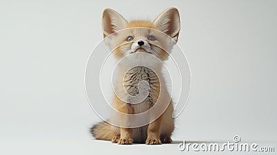 tiny fennec fox cub sits curiosity its large ears twitching as it listens intently in studio setting. soft golden fur Stock Photo