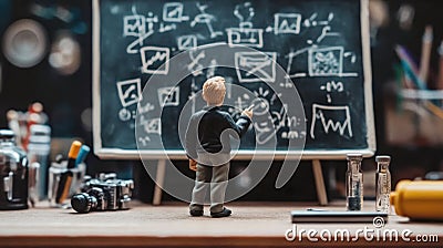 Tiny Figure Analyzing Complex Data on Blackboard Surrounded by Tools Stock Photo