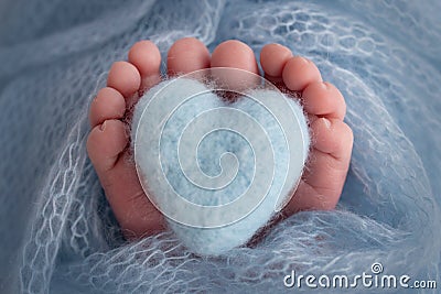 The tiny foot of a newborn baby Soft feet of a new born in a light blue blanket.Knitted blue heart in the legs of a baby Stock Photo
