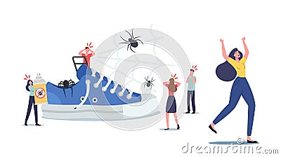 Tiny Frightened Young Characters Afraid of Huge Spiders. Men and Women Suffer of Arachnophobia Mental Disease, Panic Vector Illustration