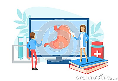 Tiny Gastroenterologist Doctors Examining Stomach on Computer Screen, Man and Woman Doctors Doing Medical Research Vector Illustration