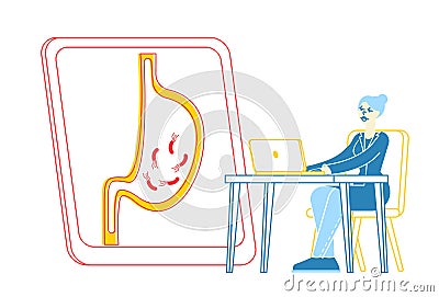 Tiny Gastroenterologist Female Doctor Character Work on Laptop Looking on Sick Human Stomach with Helicobacter Vector Illustration