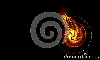 Tiny golden red yellow spiral with blazing burning hearth and sparks in the center of it on black background. Stock Photo