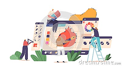 Tiny Graphic Designer Characters Team Brainstorming Ideas, Sketching, And Designing On Huge Computer, Working Vector Illustration