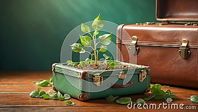 A tiny green seedling emerging from a vintage suitcase, symbolizing the transformative power of travel and the promise of new Stock Photo
