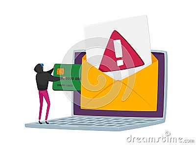 Tiny Hacker Character Hacking Credit Card, Steal Personal Data from Laptop Screen. Phishing via Internet, Email Spoofing Vector Illustration