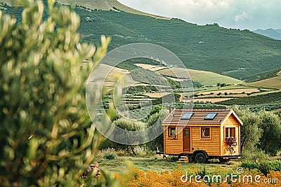 A tiny home on wheels in a picturesque landscape. Stock Photo