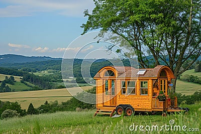 A tiny home on wheels in a picturesque landscape Stock Photo