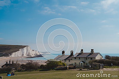 Tiny House at the edge of the Chalk Cliffs at Seaford Head Nature Reserve, Cuckmere Haven beach. Seven Sisters, South of England Editorial Stock Photo