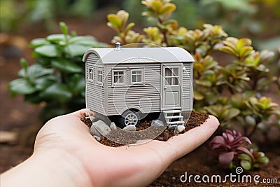 Tiny House in Hand. New Beginnings, Business Opportunities, Real Estate Ventures Stock Photo