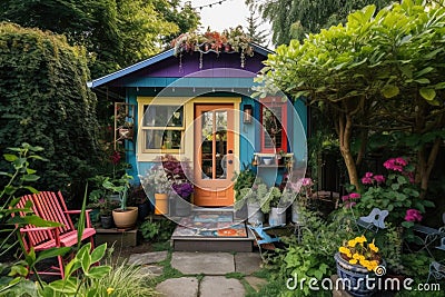 tiny house in lush, colorful garden setting Stock Photo