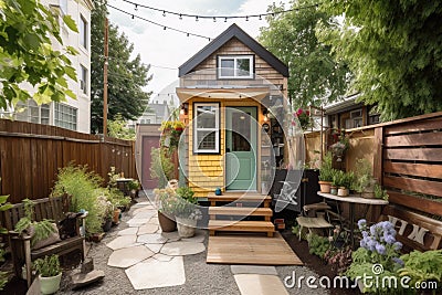 tiny house in the middle of a vibrant, bustling city Stock Photo