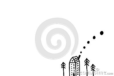 Tiny house and new year trees hand drawn illustration in cartoon style. Minimalism card Vector Illustration