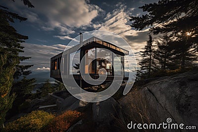 tiny house perched atop a mountain, surrounded by breathtaking scenery Stock Photo