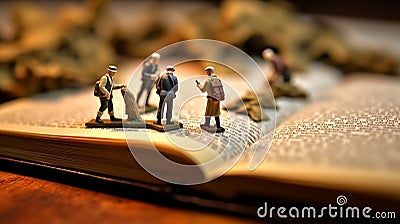 Tiny human toys exploring life-sized book pages, scouring for clues, engrossed in a world of mystery Stock Photo