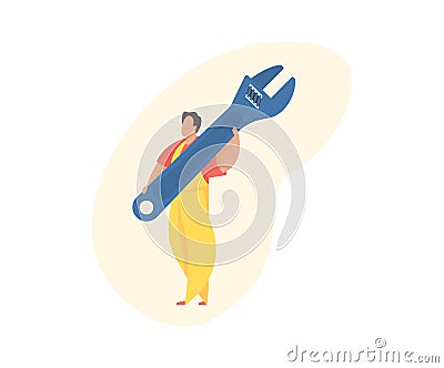 Tiny male cartoon character holding huge adjustable wrench Vector Illustration