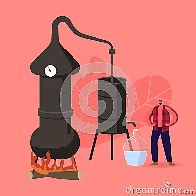 Tiny Male Character Cooking Homemade Moonshine in Special Retro Hooch Tower Working on Fire Vector Illustration