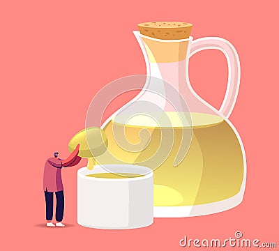 Tiny Male Character Farmer Worker Holding Huge Green Olive Pressing Extra Virgin Oil to Cup Stand at Glass Jug. Vector Illustration