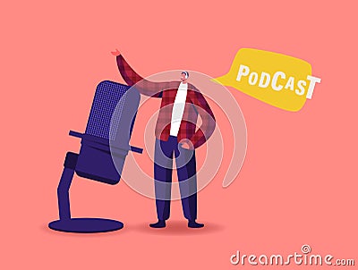 Tiny Male Character in Headset Speaking at Huge Microphone Broadcasting Podcast Entertainment. Online Broadcasting Vector Illustration