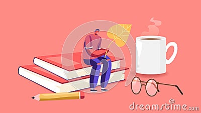Tiny Male Character Holding Fallen Autumn Leaf Sitting on Huge Books Pile with Steaming Cup, Pencil and Glasses around Vector Illustration