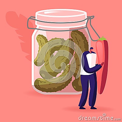 Tiny Male Character Holding Huge Red Chilli Pepper Stand at Glass Jar with Marinated Cucumbers. Homemade Vector Illustration