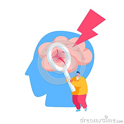 Tiny Male Character Holding Magnifying Glass Looking on Huge Human Head with Apoplexy Attack or Brain Stroke Vector Illustration