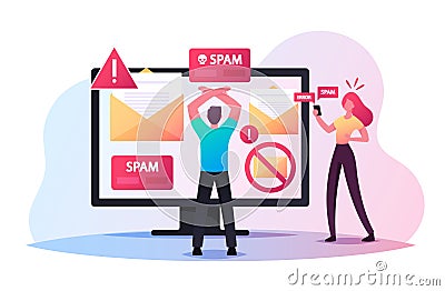 Tiny Male Character Stand front of Huge Computer Monitor with Spam Warning and Open Envelopes on Screen. Info Garbage Vector Illustration