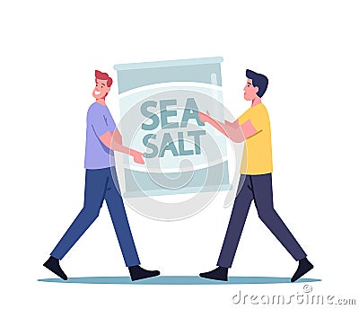 Tiny Male Characters in Pet Shop Holding Plastic Bag with Sea Salt Aquarium Water for Fish. Men in Zoo Market Vector Illustration