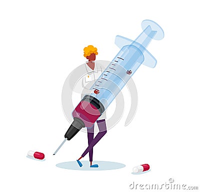 Tiny Male Doctor Character in Medical Robe Holding Huge Syringe with Medicine for Hepatitis Vaccination, Liver Treatment Vector Illustration