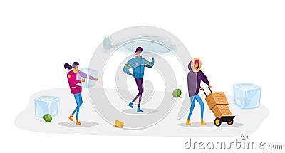 Tiny Male and Female Characters Carry Huge Frozen Fish and Box with Products with Ice Cubes around Vector Illustration