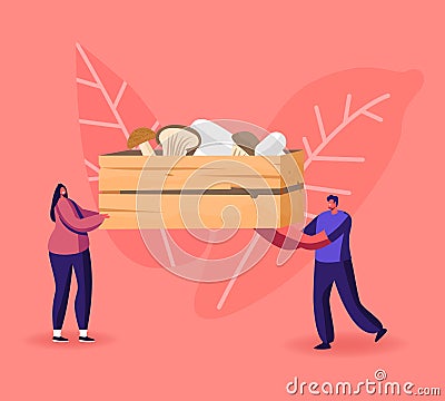 Tiny Male and Female Characters Carry Huge Wooden Box with Various Mushrooms Cep, King Oyster and Champignons Vector Illustration
