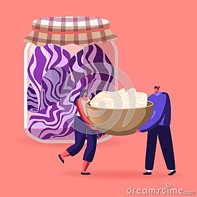 Tiny Male and Female Characters Cooking Fermented Food in Glass Jars. Homemade Red Cabbage Preservation Vector Illustration