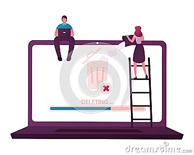 Tiny Male and Female Characters Deleting Data. Man Sitting on Huge Laptop Working on Pc, Woman Throw File Vector Illustration