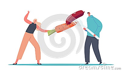 Tiny Male Female Characters Fencing with Huge Carrot and Sausage on Fork. Adherents of Healthy and Unhealthy Nutrition Vector Illustration