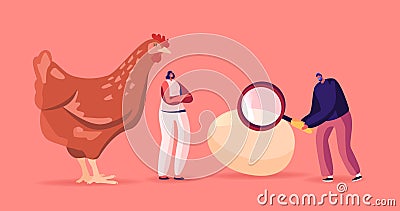 Tiny Male Female Characters at Huge Hen with Magnifier Solve Paradox Which Came First Chicken or Egg. Causality Dilemma Vector Illustration