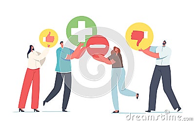 Tiny Male and Female Characters with Huge Plus and Minus Icons, Thumb Up and Down. Men and Women Count Advantages Vector Illustration