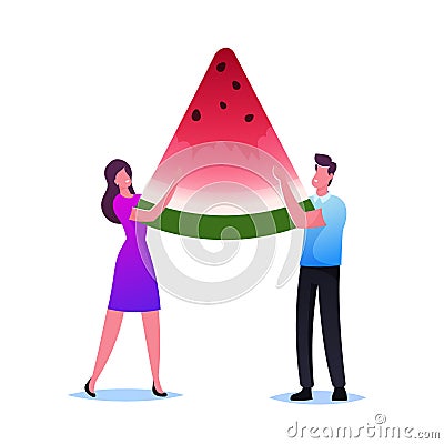 Tiny Male or Female Characters with Huge Watermelon Piece Isolated on White Background. People Enjoying Summer Food Vector Illustration