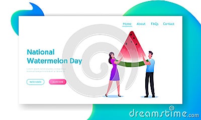 Tiny Male or Female Characters with Huge Watermelon Piece Landing Page Template. People Enjoying Summer Food Eating Vector Illustration