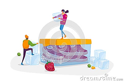 Tiny Male and Female Characters with Ice Cubes in Winter Clothing Stand on Huge Container with Frozen Meat Vector Illustration