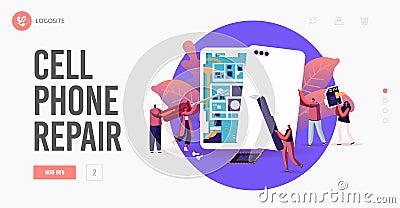 Tiny Male and Female Characters with Instruments Assembling or Repair Huge Smartphones Landing Page Template Vector Illustration