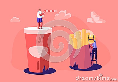 Tiny Male and Female Characters Interacting with Huge French Fries and Cup with Soda Drink. People Eating Street Fast Food in Cafe Vector Illustration