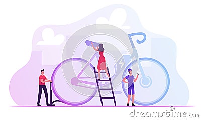 Tiny Male and Female Characters Maintenance Huge Electric Bike for Sportsman Driving. People Use Modern Bicycle Vector Illustration