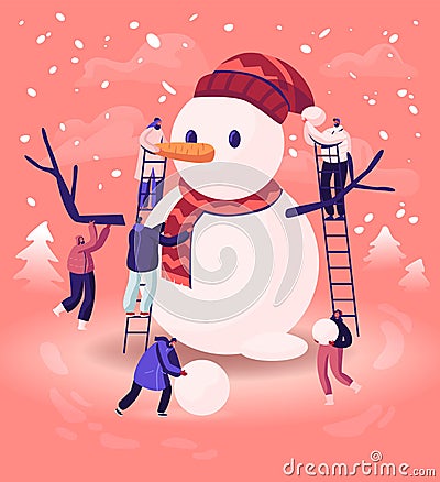 Tiny Male and Female Characters Playing on Winter Day Making Funny Snowman Standing on Ladders at Street Vector Illustration