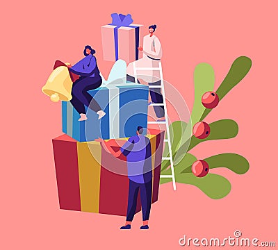 Tiny Male and Female Characters Prepare for Christmas and New Year Party Celebration. Woman Festive Presents Vector Illustration