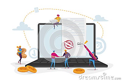 Tiny Male and Female Characters Signing Electronic Document Put Signature on Contract Page at Huge Laptop Screen Vector Illustration