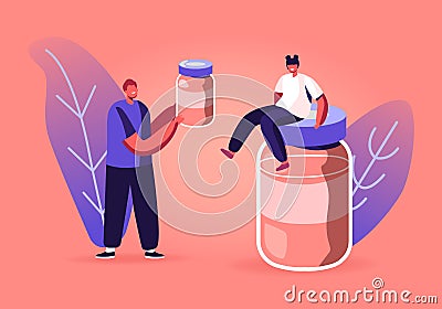 Tiny Male and Female Characters Treatment and Vaccination Concept. Boy Holding Flask with Drug in Hands Vector Illustration