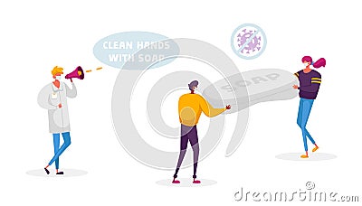 Tiny Male and Female Characters Wearing Medical Facial Masks Carry Huge Antibacterial Soap. Doctor in White Labcoat Vector Illustration