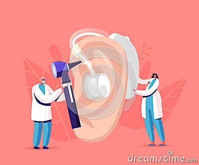Tiny Male Female Doctors Fitting Deaf Aid on Huge Patient Ear. Hearing Loss Medical Health Problem, Otolaryngology Vector Illustration